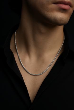 Lovii Men silver flat snake chain necklace for men displayed in luxury mockups, model wear shots, and close-up detail — minimalist, premium men’s jewelry perfect for everyday or occasion wear.