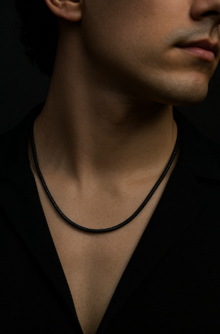 Lovii Men Black flat snake chain necklace for men displayed in luxury mockups, model wear shots, and close-up detail — minimalist, premium men’s jewelry perfect for everyday or occasion wear.
